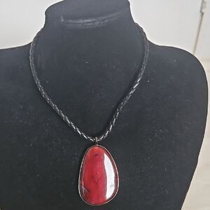 Elegant Burgundy & Black Braided Leather Pendant Necklace